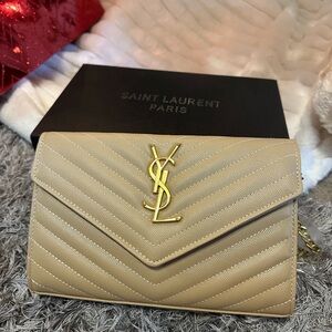 Saint Laurent Gold Logo Beige Quilted Clutch